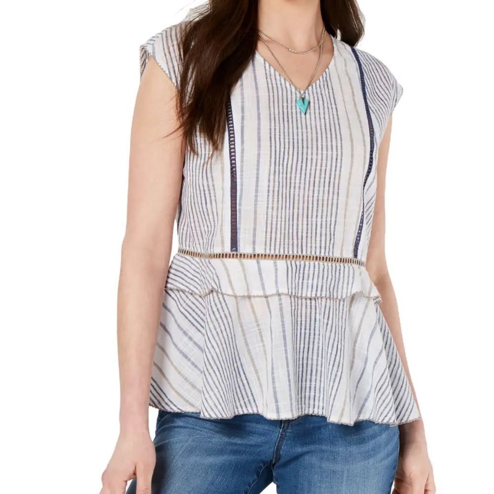 Style & Co 100% cotton white blue & tan striped lace trim peplum top size large
